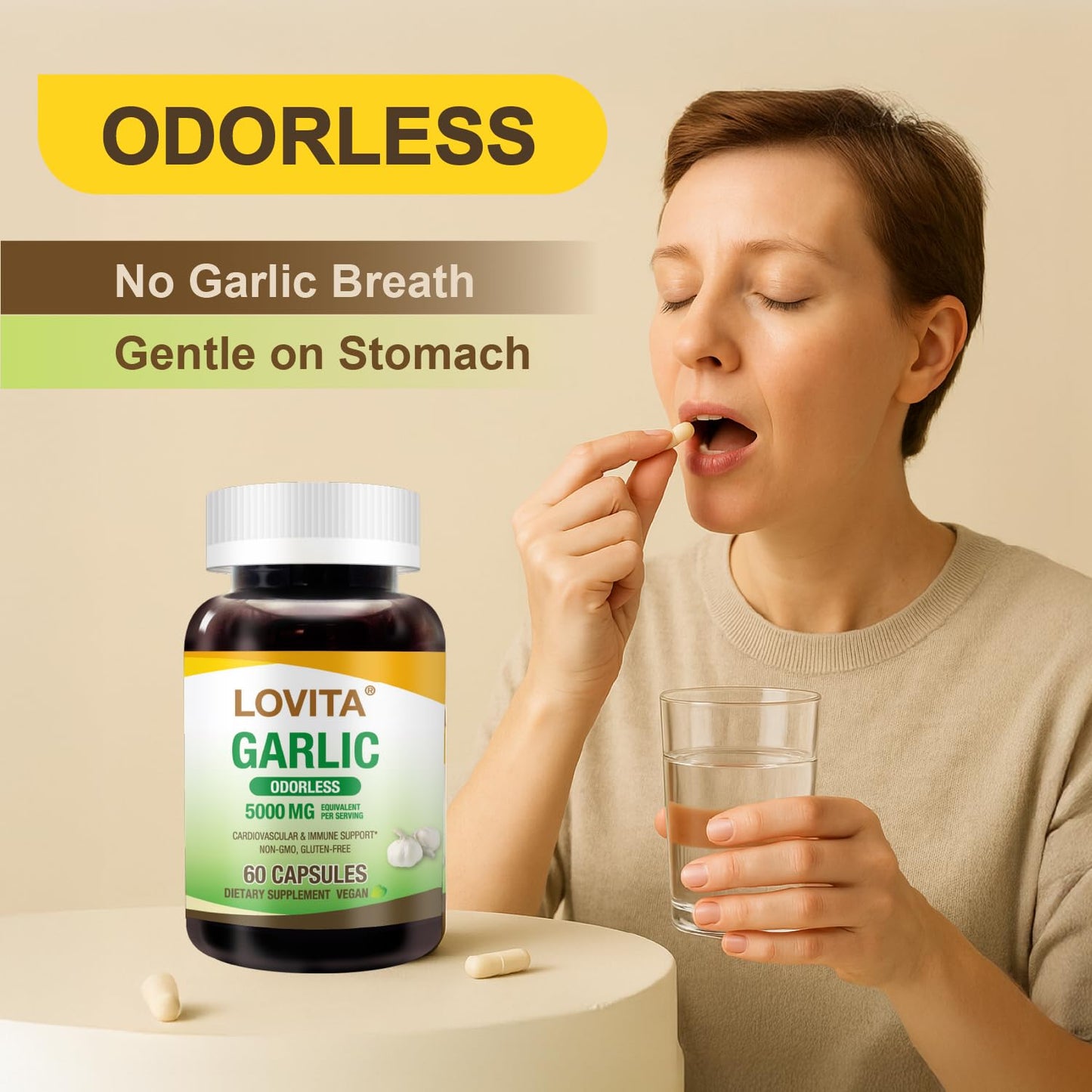 LOVITA Odorless Garlic Capsules – 5000mg Fresh Garlic, 1.25% Allicin