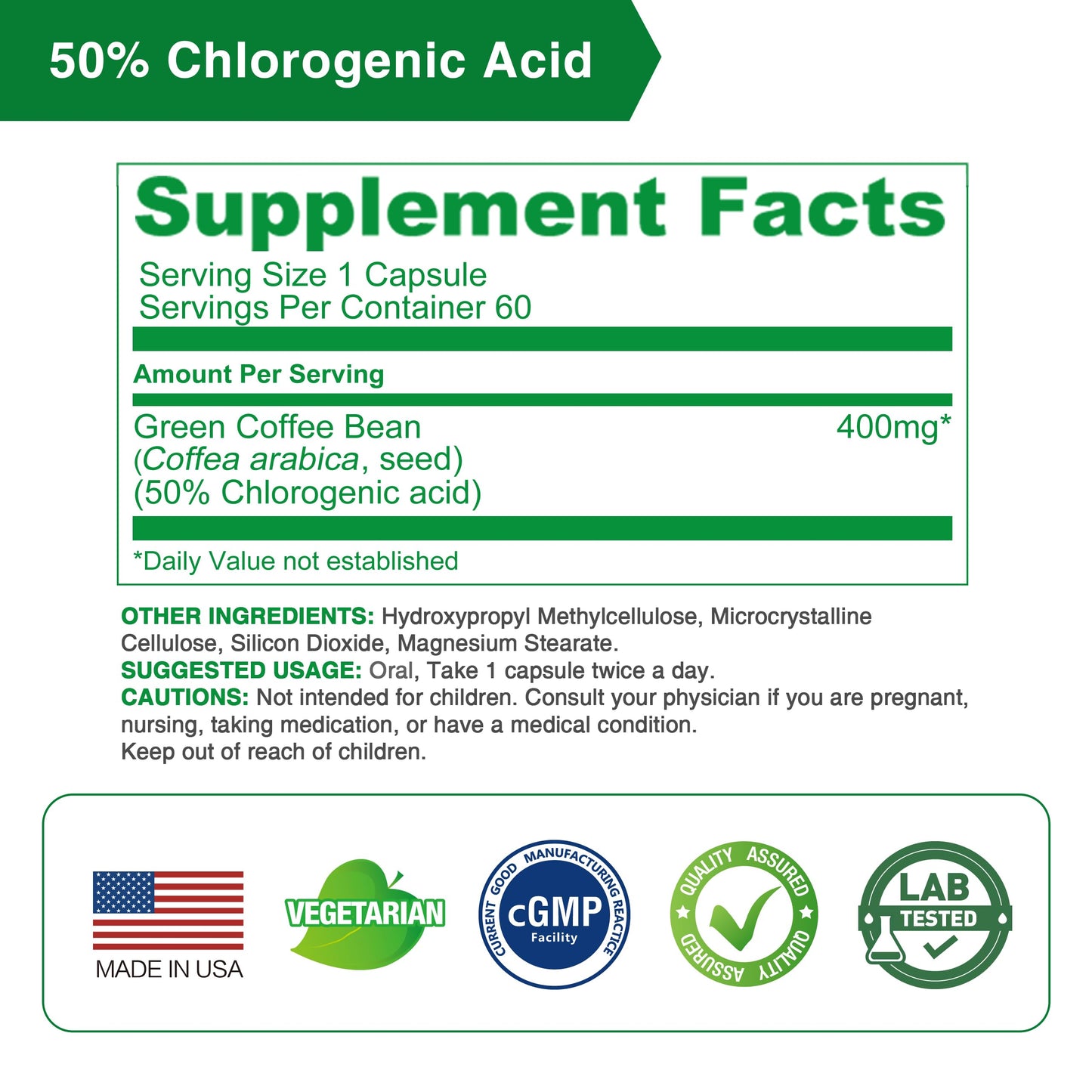 Lovita Green Coffee Bean Extract 1600 mg Equivalent, High Potent Green Coffee Extract with 50% Chlorogenic Acid for Natural Antioxidant & Size Reduction, Vegan Friendly, 60 Veggie Capsules