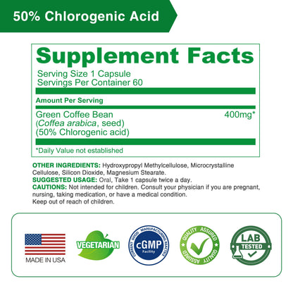 Lovita Green Coffee Bean Extract 1600 mg Equivalent, High Potent Green Coffee Extract with 50% Chlorogenic Acid for Natural Antioxidant & Size Reduction, Vegan Friendly, 60 Veggie Capsules