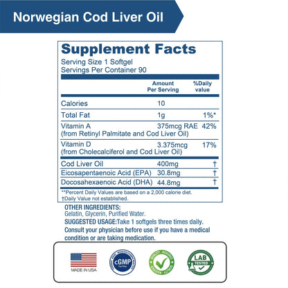 LOVITA Norwegian Cod Liver Oil - High Absorption TG, DHA & EPA, Vitamin A & D, 90 Softgels