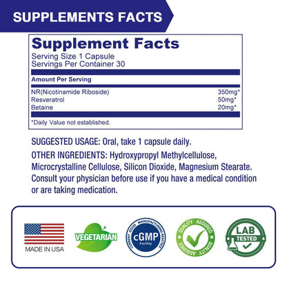 LOVITA NR 350 mg NAD Booster with Trans-Resveratrol & Betaine – 30 Vegan Enteric Capsules