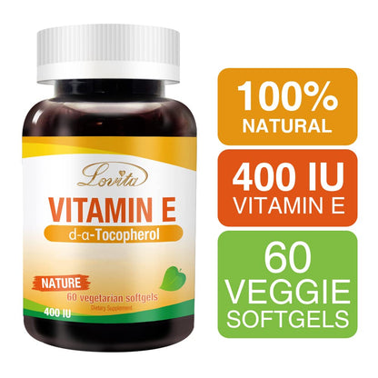 LOVITA Vitamin E 400 IU Softgels – Vegan D Alpha Tocopherol for Healthy Skin, Hair, Nails & Immune Support | 60 Softgels