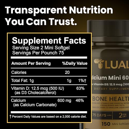 LUAL Calcium Minis 600 mg with Vitamin D3 - Bone & Muscle Support - 150 Mini Softgels - Easy to Swallow - Calcium & D3 for Strong Bones & Mobility