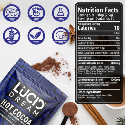 Lucid Dream Mushroom Hot Cocoa for Sleep – Nighttime Adaptogen Blend with Melatonin | 7.94 oz Chocolate