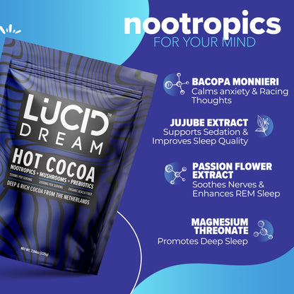 Lucid Dream Mushroom Hot Cocoa for Sleep – Nighttime Adaptogen Blend with Melatonin | 7.94 oz Chocolate