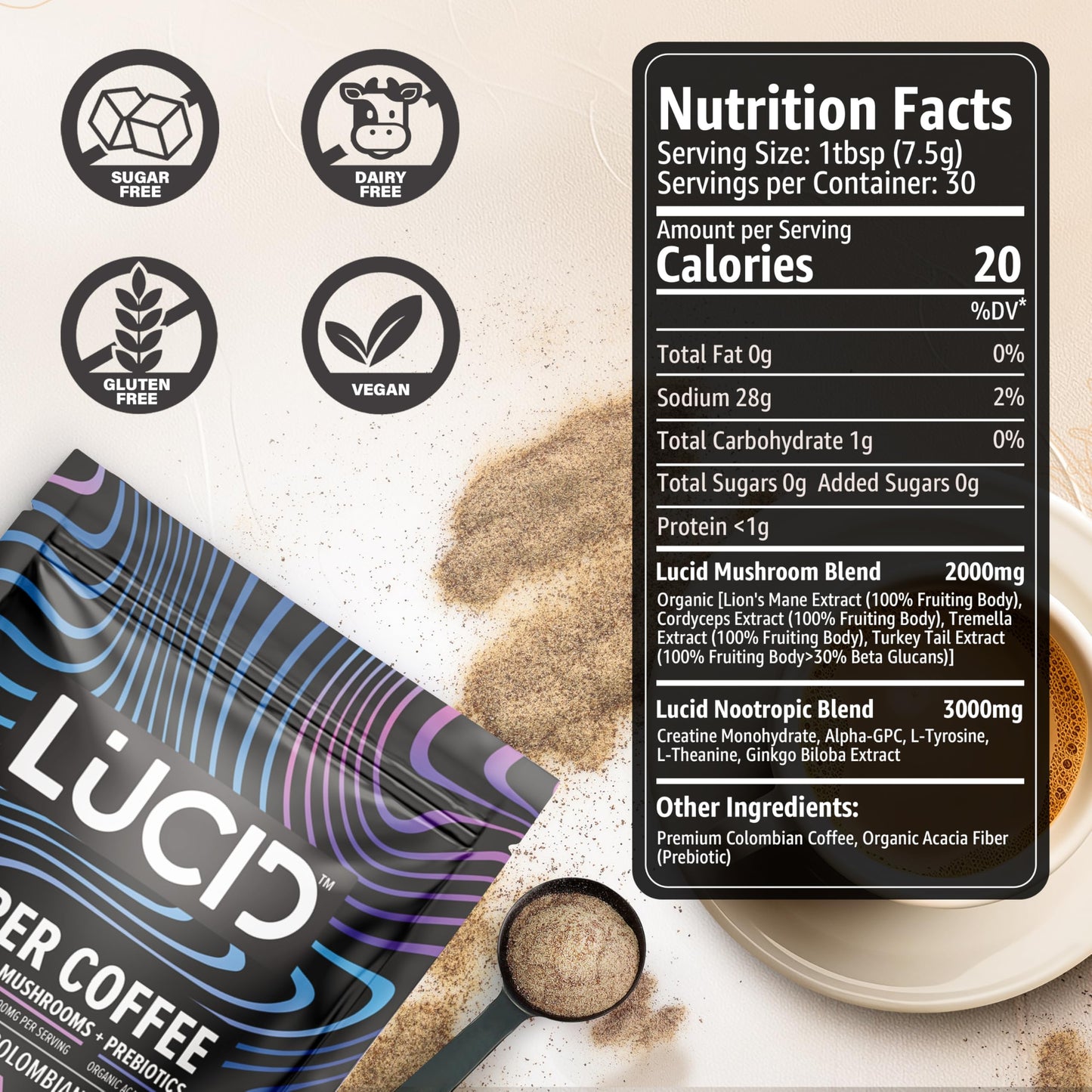 Lucid Superfood Organic Mushroom Coffee with Nootropics – Lion's Mane, Cordyceps & Tremella – Instant Focus Coffee – USA Made
