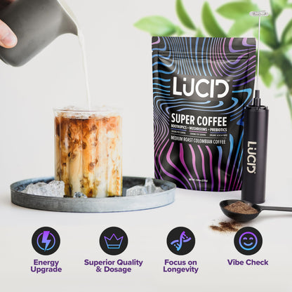 Lucid Superfood Organic Mushroom Coffee with Nootropics – Lion's Mane, Cordyceps & Tremella – Instant Focus Coffee – USA Made