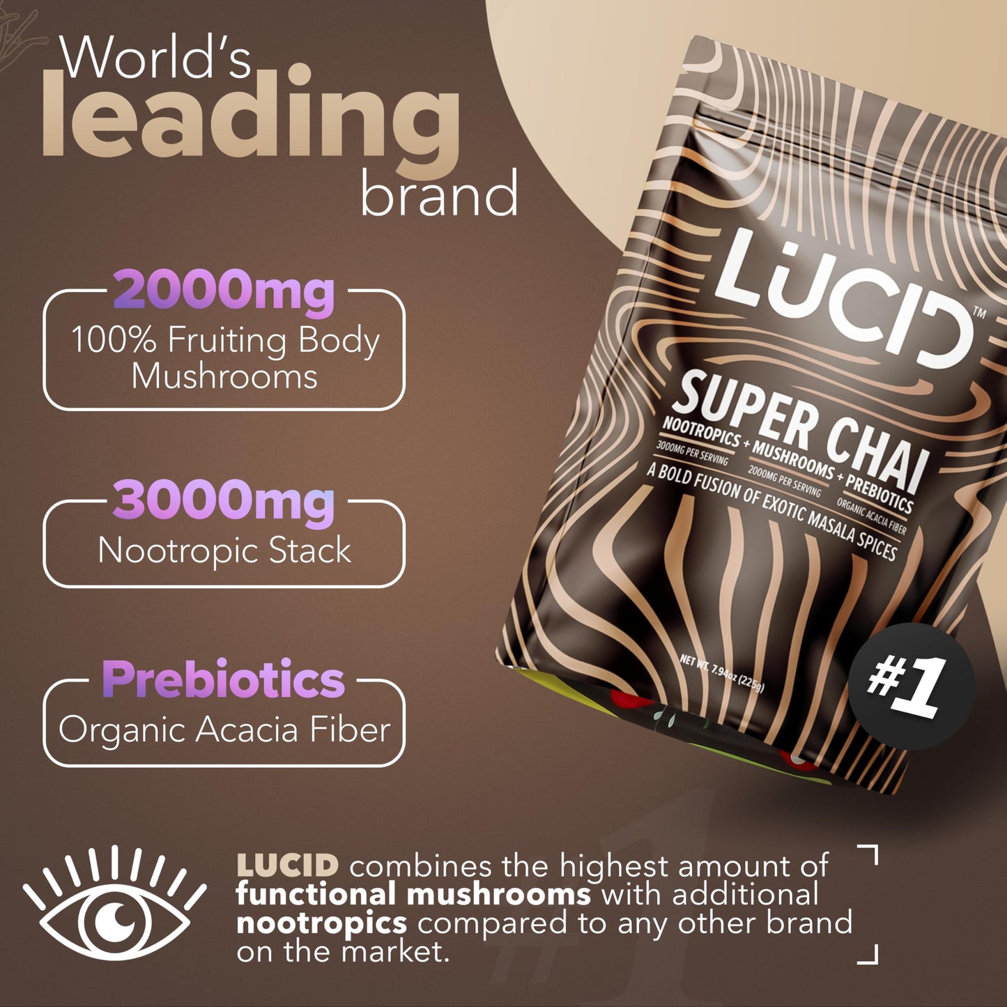 Lucid Superfood Organic Mushroom Chai with Nootropics – Lion’s Mane, Cordyceps & Tremella – Instant Focus Chai – USA Made