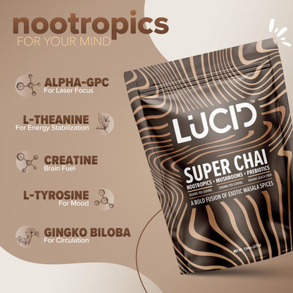 Lucid Superfood Organic Mushroom Chai with Nootropics – Lion’s Mane, Cordyceps & Tremella – Instant Focus Chai – USA Made