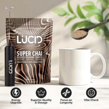 Lucid Superfood Organic Mushroom Chai with Nootropics – Lion’s Mane, Cordyceps & Tremella – Instant Focus Chai – USA Made