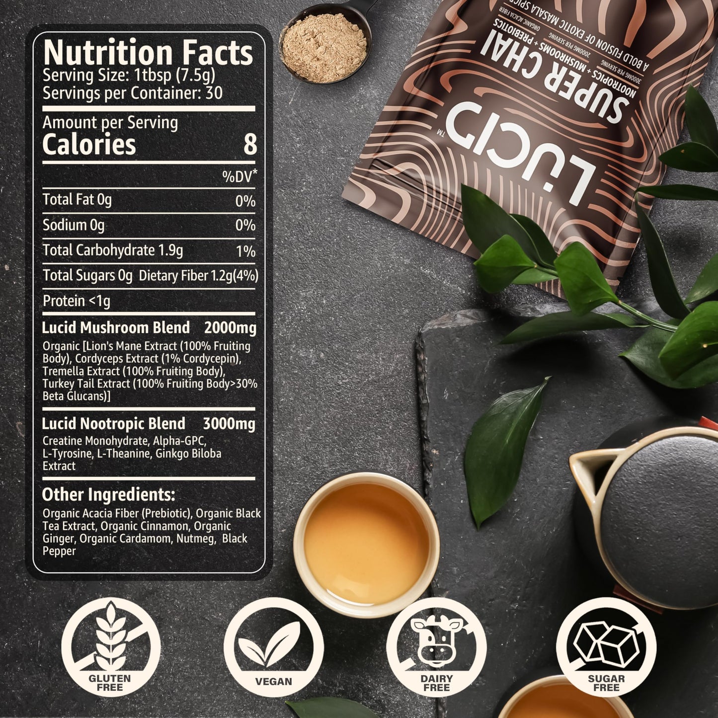 Lucid Superfood Organic Mushroom Chai with Nootropics – Lion’s Mane, Cordyceps & Tremella – Instant Focus Chai – USA Made