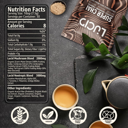 Lucid Superfood Organic Mushroom Chai with Nootropics – Lion’s Mane, Cordyceps & Tremella – Instant Focus Chai – USA Made