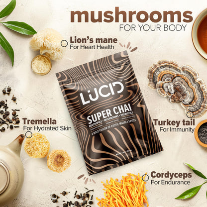 Lucid Superfood Organic Mushroom Chai with Nootropics – Lion’s Mane, Cordyceps & Tremella – Instant Focus Chai – USA Made
