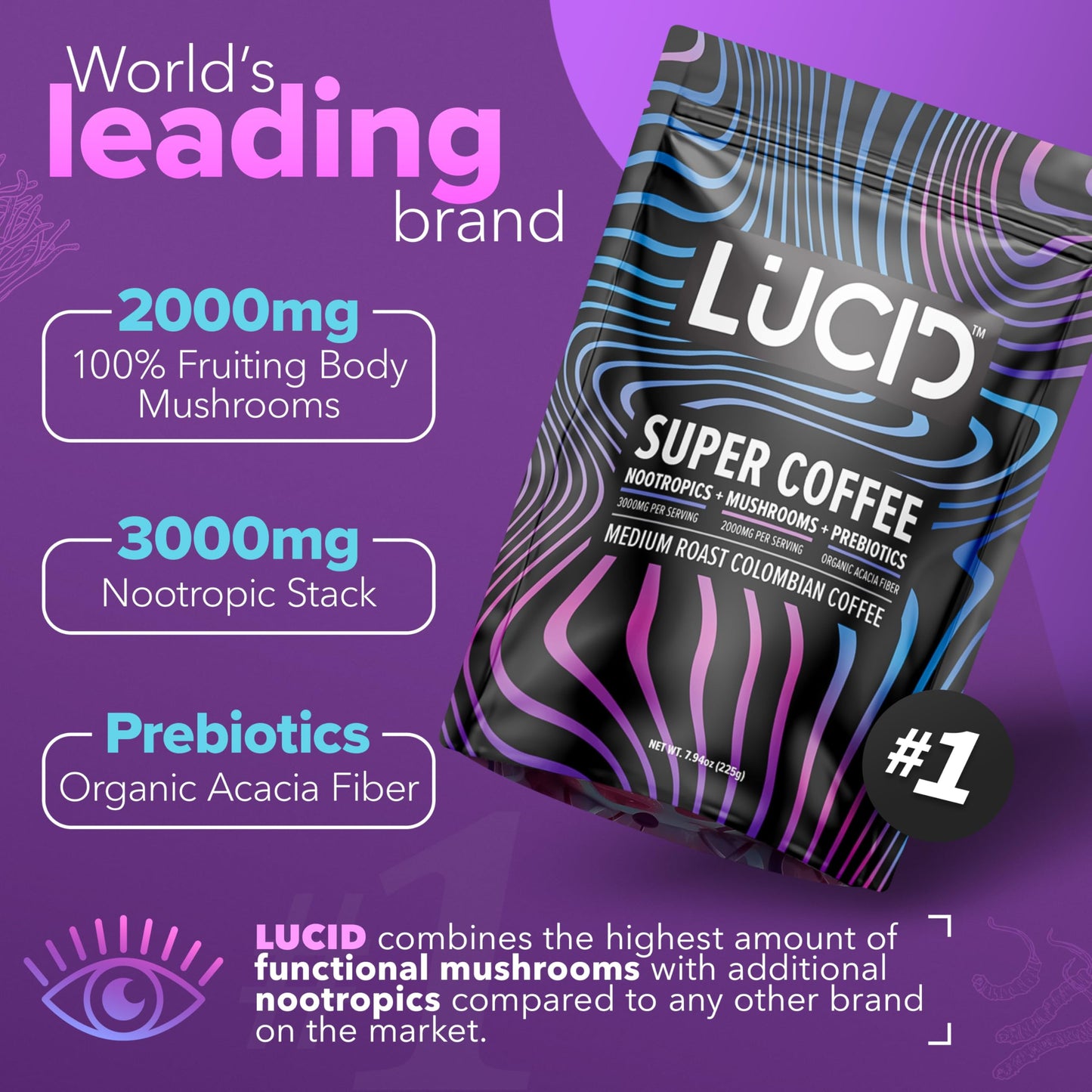 Lucid Superfood Organic Mushroom Coffee with Nootropics – Lion's Mane, Cordyceps & Tremella – Instant Focus Coffee – USA Made