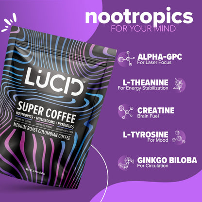 Lucid Superfood Organic Mushroom Coffee with Nootropics – Lion's Mane, Cordyceps & Tremella – Instant Focus Coffee – USA Made