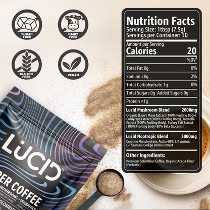 Lucid Superfood Organic Mushroom Coffee with Nootropics – Lion's Mane, Cordyceps & Tremella – Instant Focus Coffee – USA Made
