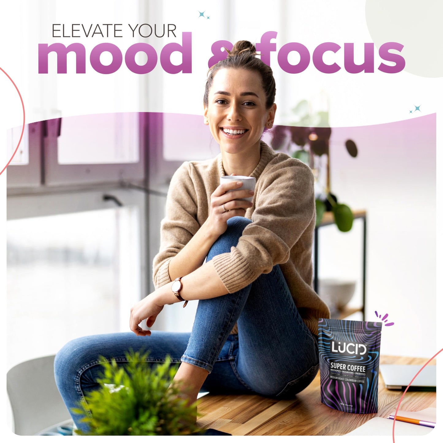 Lucid Superfood Organic Mushroom Coffee with Nootropics – Lion's Mane, Cordyceps & Tremella – Instant Focus Coffee – USA Made