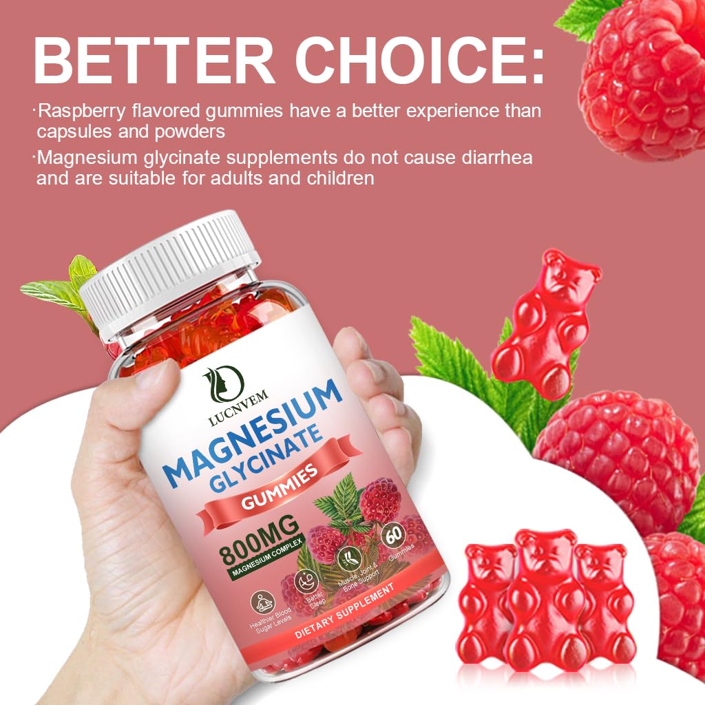 LUCNVEM Sugar Free Magnesium Glycinate Gummies – 60 Raspberry Gummies (3 Pack)