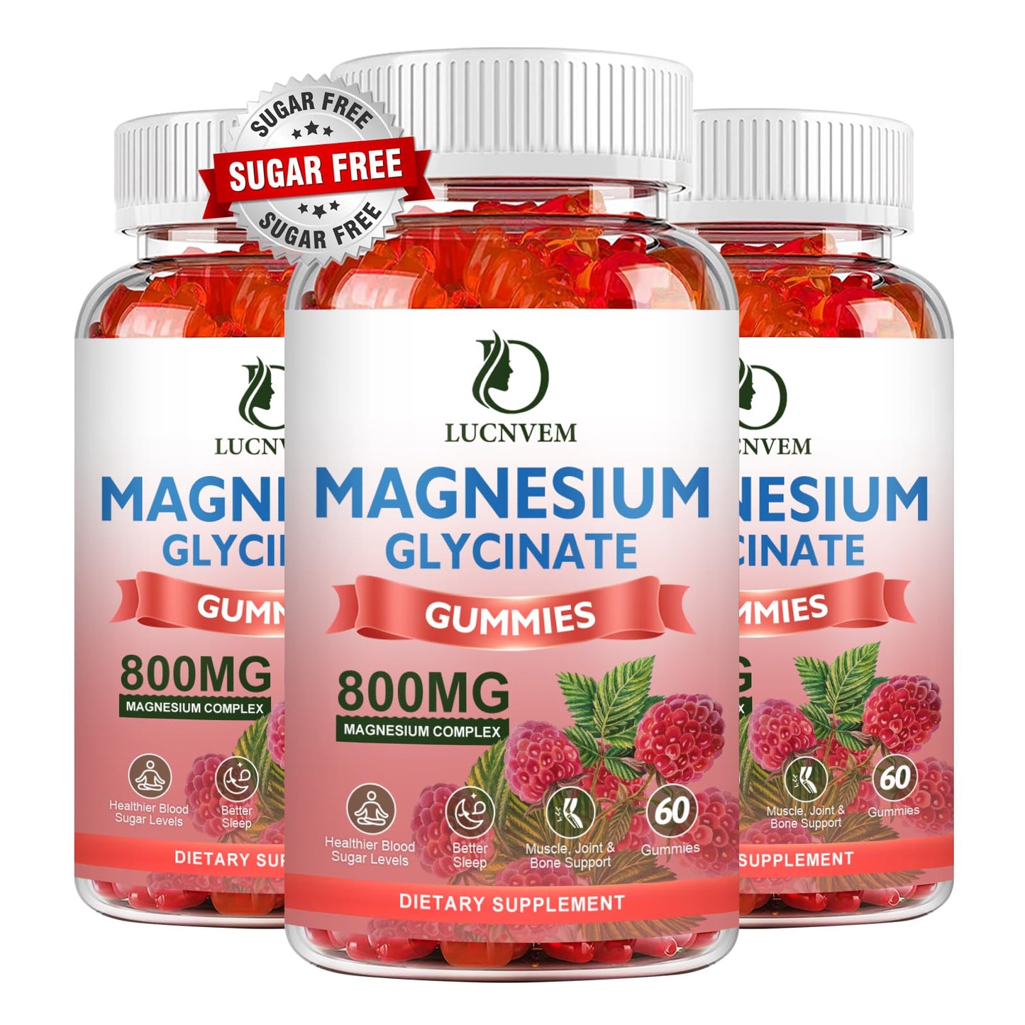 LUCNVEM Sugar Free Magnesium Glycinate Gummies – 60 Raspberry Gummies (3 Pack)