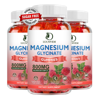LUCNVEM Sugar Free Magnesium Glycinate Gummies – 60 Raspberry Gummies (3 Pack)