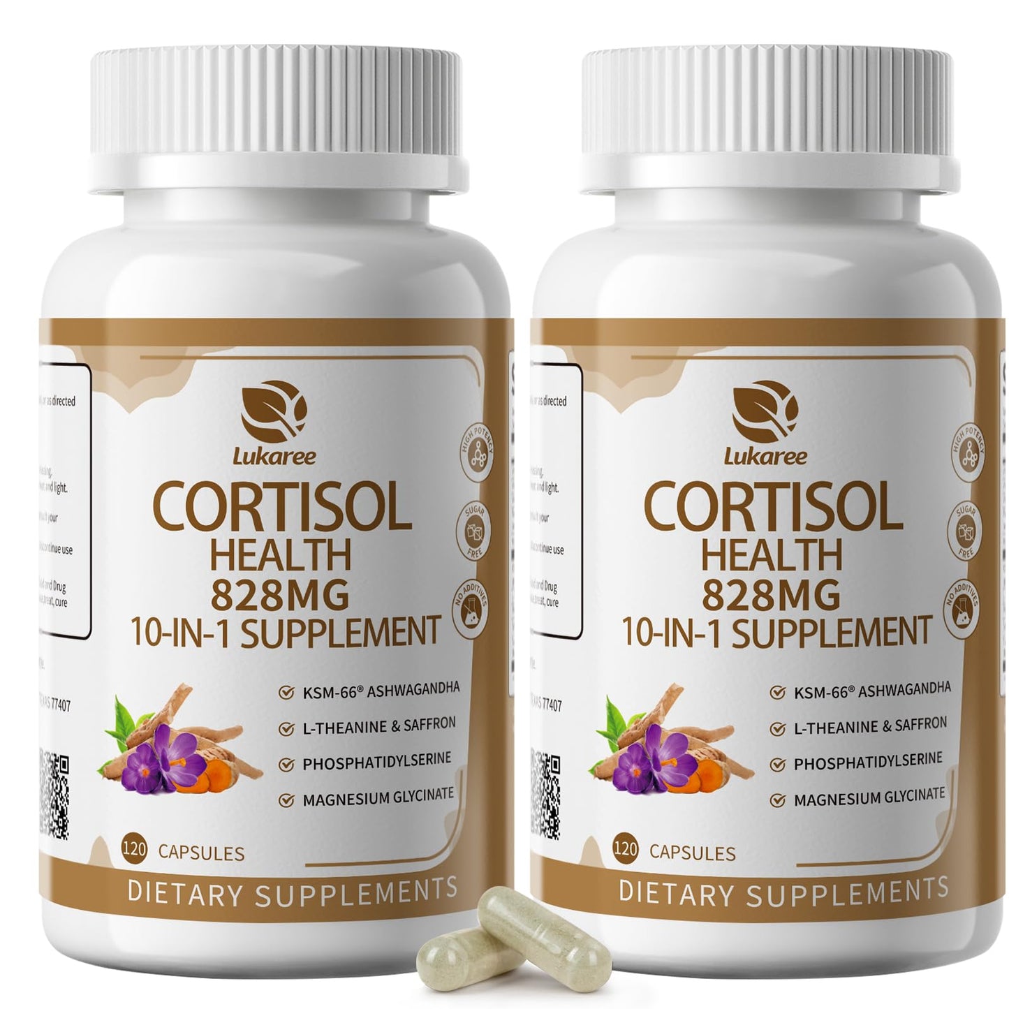Lukaree 10-in-1 Cortisol Supplements – KSM-66 Ashwagandha + L-Theanine, 120 Caps (2 Pack)