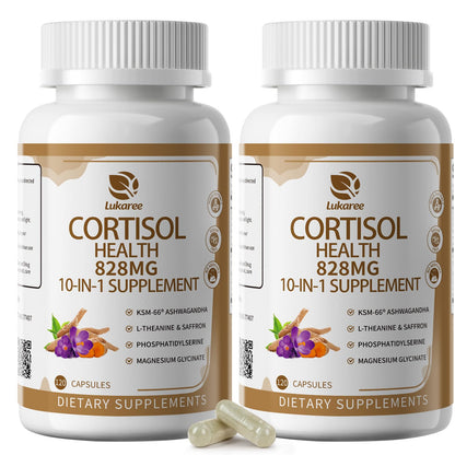 Lukaree 10-in-1 Cortisol Supplements – KSM-66 Ashwagandha + L-Theanine, 120 Caps (2 Pack)