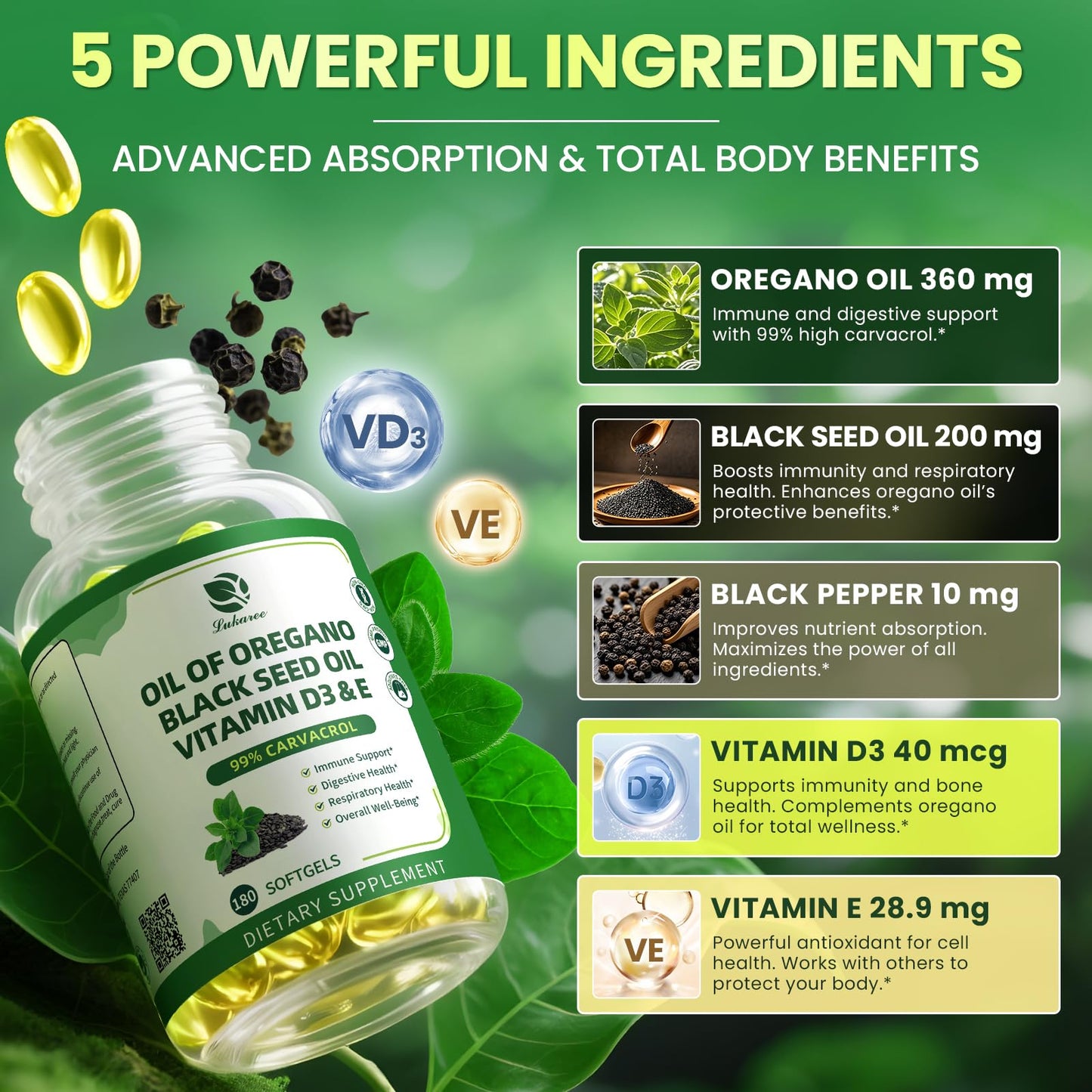 Lukaree Organic Oregano Oil Capsules with Black Seed Oil – 99% Carvacrol, 5-in-1 with Vitamin D3 & E, Black Pepper | 2-Pack