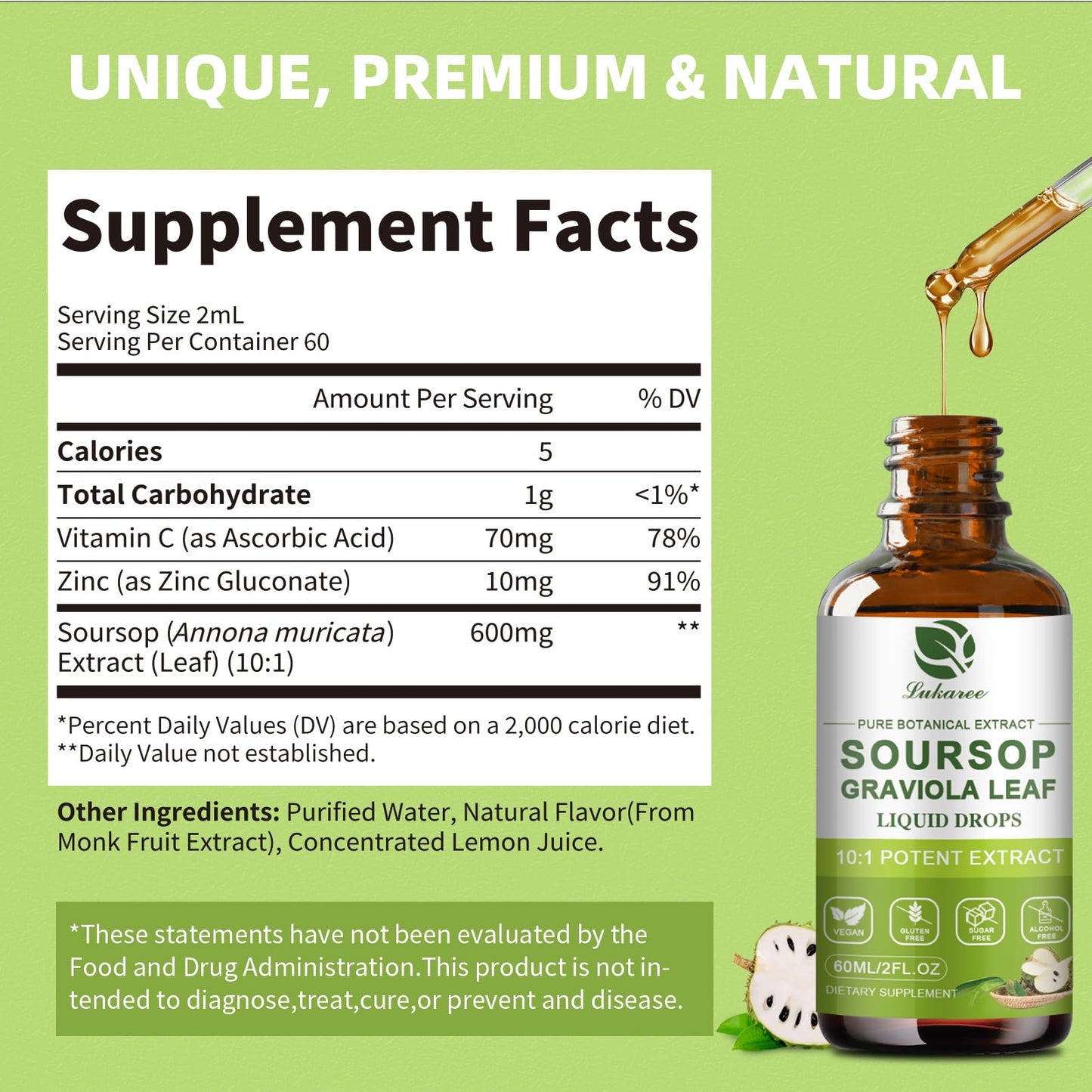 Lukaree Pure Soursop Leaf Extract Drops — 10X Concentrated Graviola, Alcohol-Free, Vegan & Non-GMO (4 fl oz)