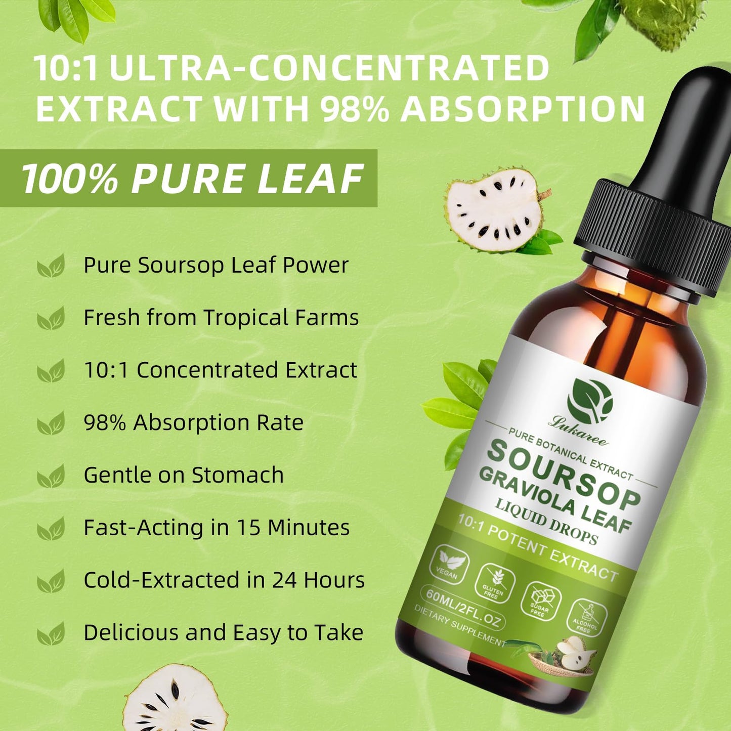 Lukaree Pure Soursop Leaf Extract Drops — 10X Concentrated Graviola, Alcohol-Free, Vegan & Non-GMO (4 fl oz)
