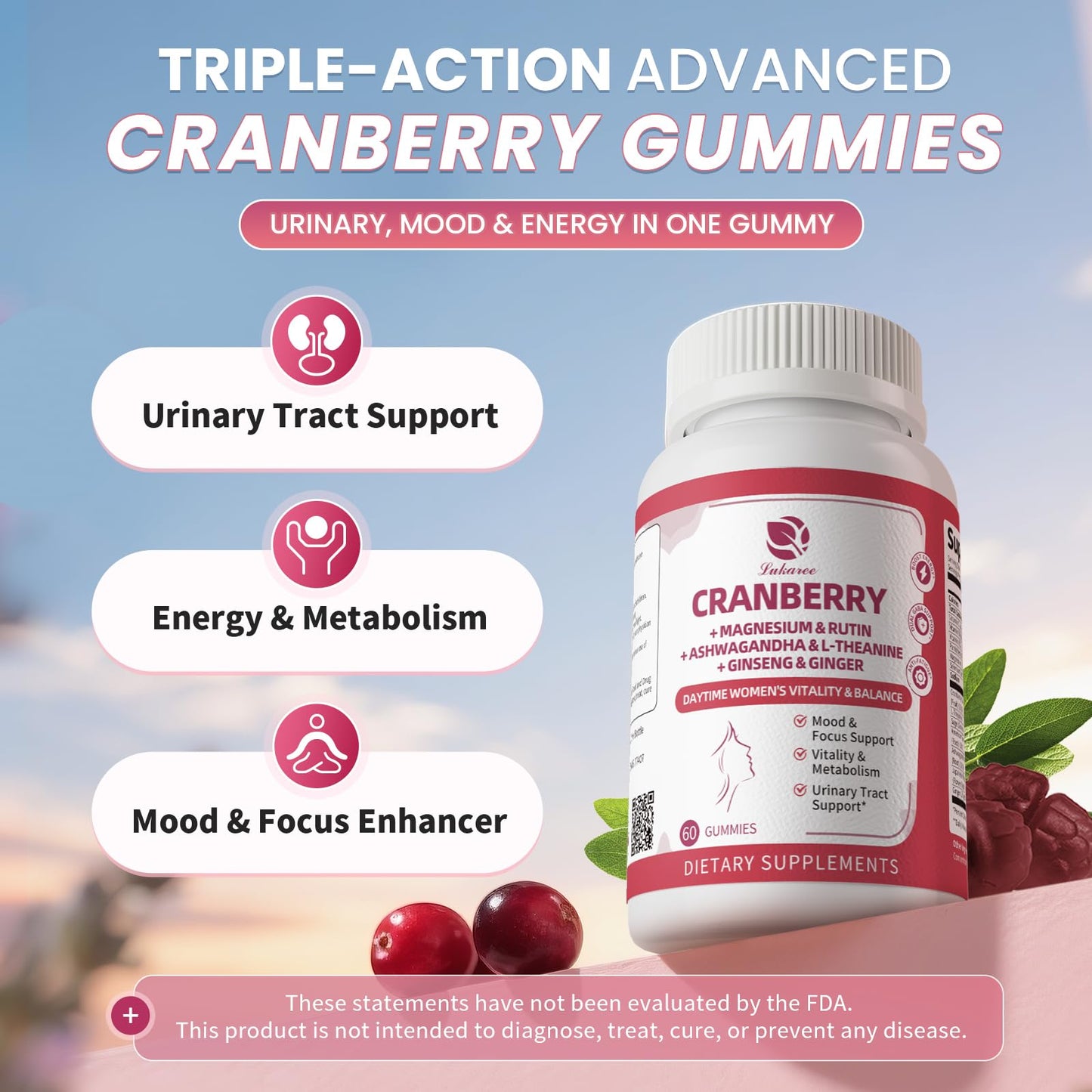 Lukaree Cranberry Gummies for Women – UTI Support, Mood & Energy