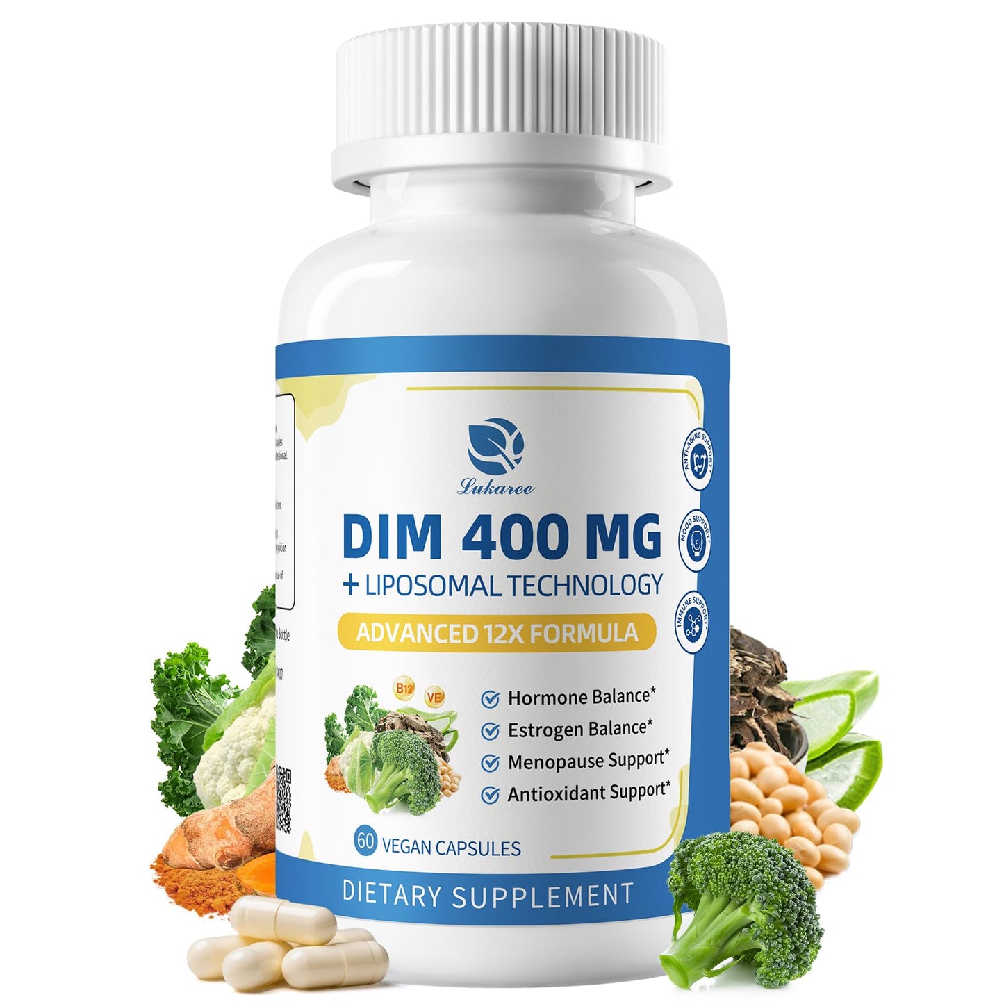 Lukaree DIM Supplement 400MG for Women | Liposomal Estrogen Support & Antioxidant | Vegan 60 Count