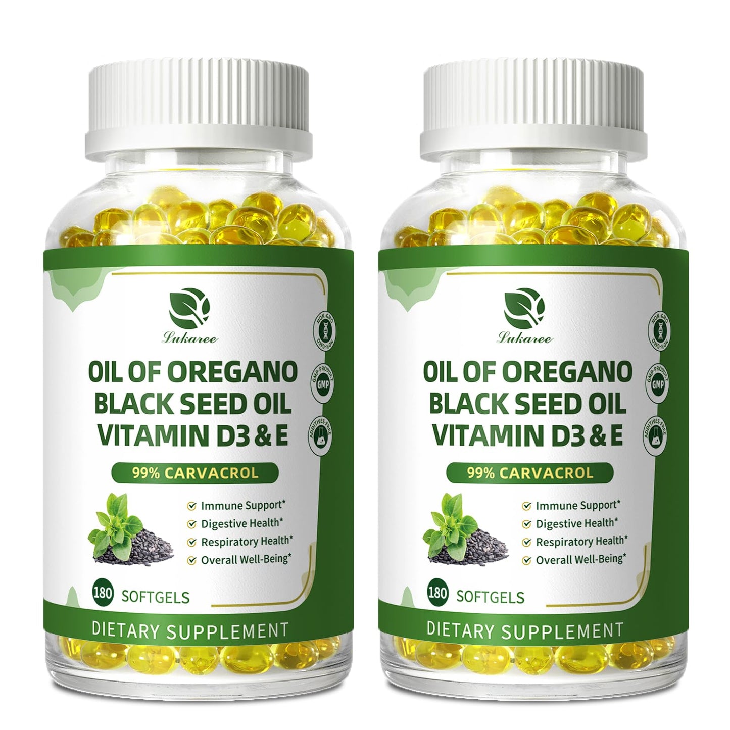 Lukaree Organic Oregano Oil Capsules with Black Seed Oil – 99% Carvacrol, 5-in-1 with Vitamin D3 & E, Black Pepper | 2-Pack