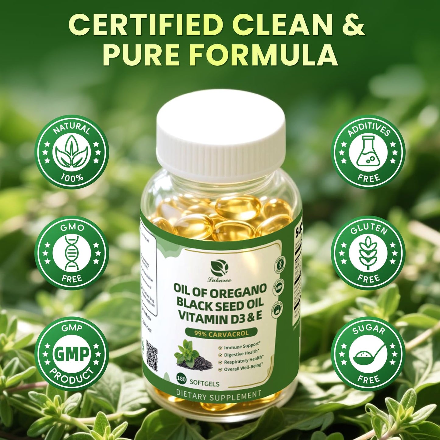 Lukaree Organic Oregano Oil Capsules with Black Seed Oil – 99% Carvacrol, 5-in-1 with Vitamin D3 & E, Black Pepper | 2-Pack