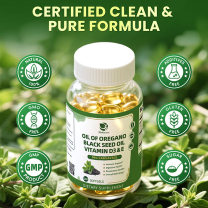 Lukaree Organic Oregano Oil Capsules with Black Seed Oil – 99% Carvacrol, 5-in-1 with Vitamin D3 & E, Black Pepper | 2-Pack
