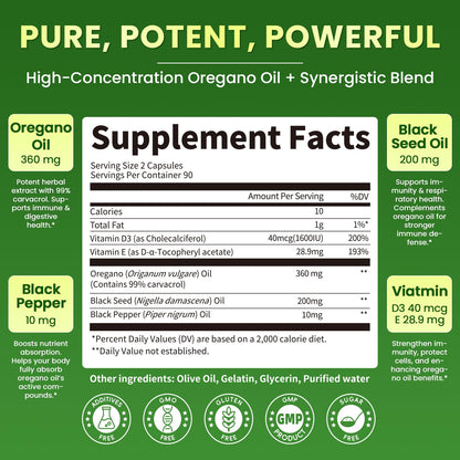 Lukaree Organic Oregano Oil Capsules with Black Seed Oil – 99% Carvacrol, 5-in-1 with Vitamin D3 & E, Black Pepper | 2-Pack