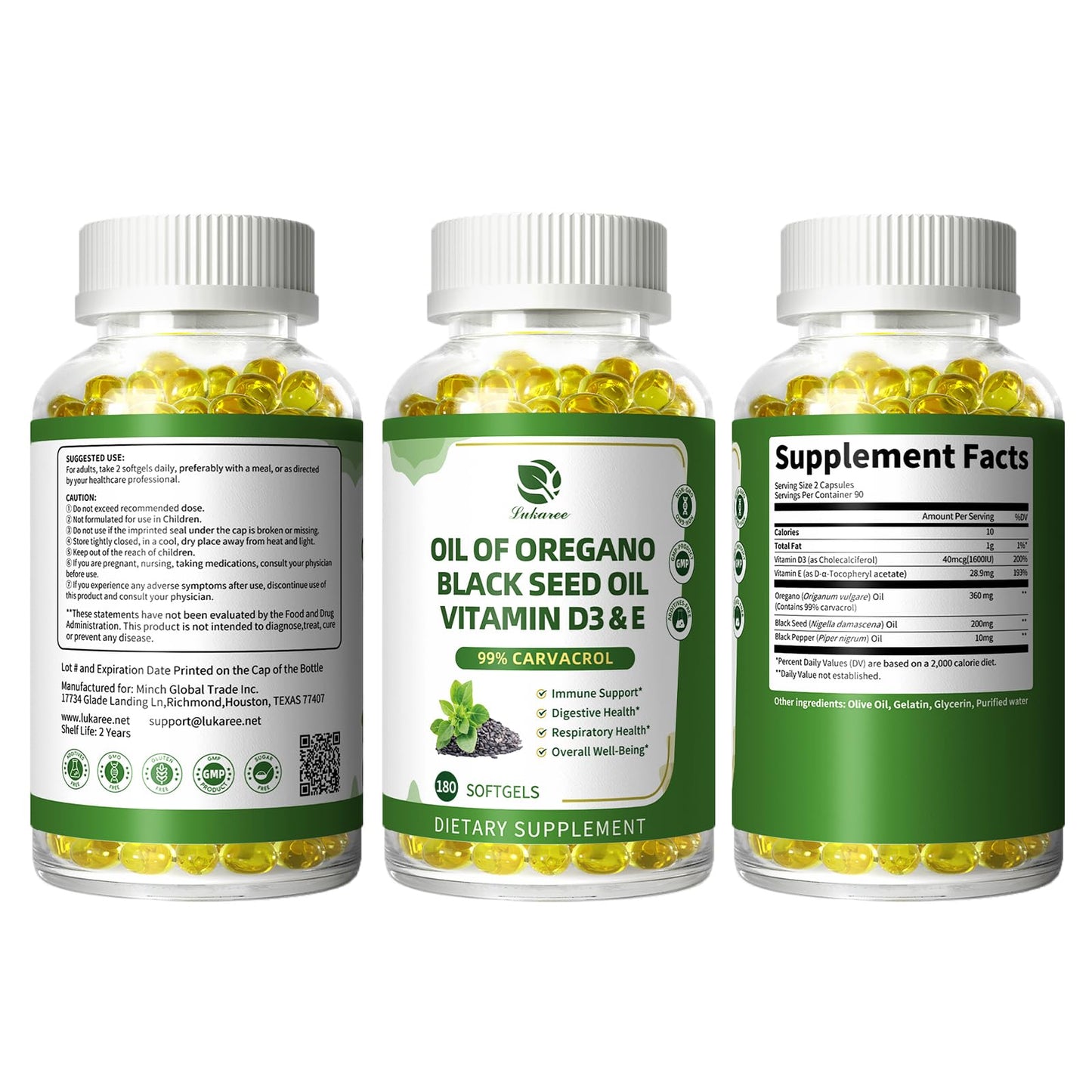 Lukaree Organic Oregano Oil Capsules with Black Seed Oil – 99% Carvacrol, 5-in-1 with Vitamin D3 & E, Black Pepper | 2-Pack