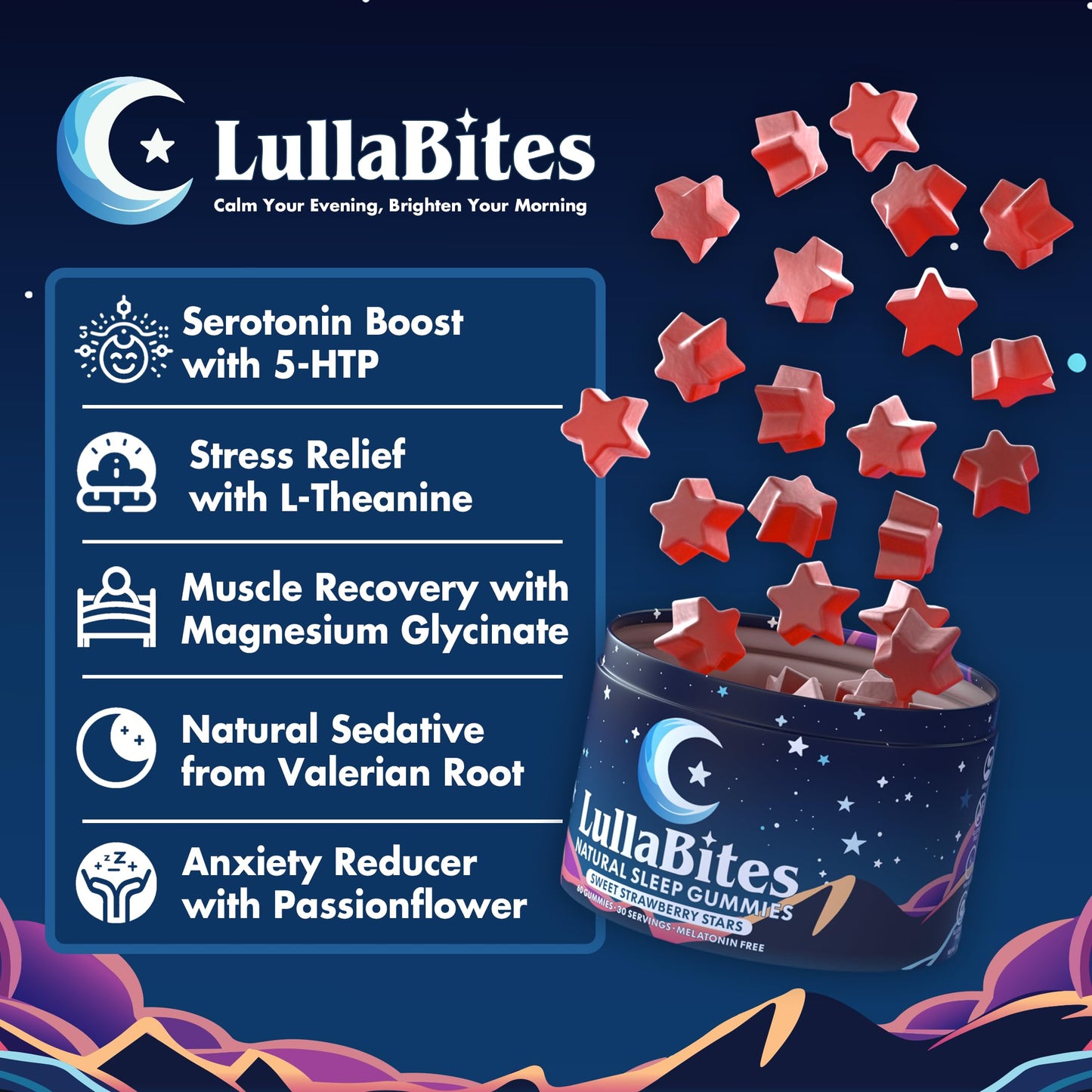LullaBites Natural Sleep Gummies – Melatonin Free, 5-HTP & L-Theanine, Vegan & Halal – Strawberry, 60 Gummies