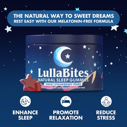 LullaBites Natural Sleep Gummies – Melatonin Free, 5-HTP & L-Theanine, Vegan & Halal – Strawberry, 60 Gummies