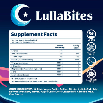 LullaBites Natural Sleep Gummies – Melatonin Free, 5-HTP & L-Theanine, Vegan & Halal – Strawberry, 60 Gummies