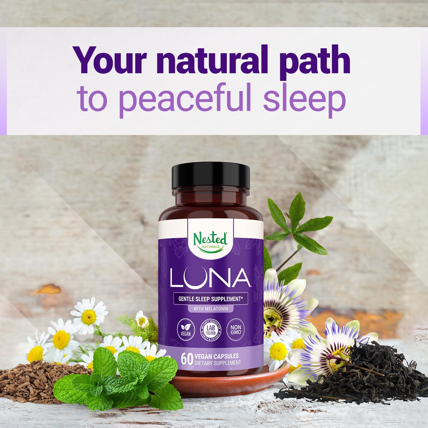 Nested Naturals Luna Sleep Aid – Natural, Non-Habit Forming Sleep Support for Adults | 120 Vegan Capsules