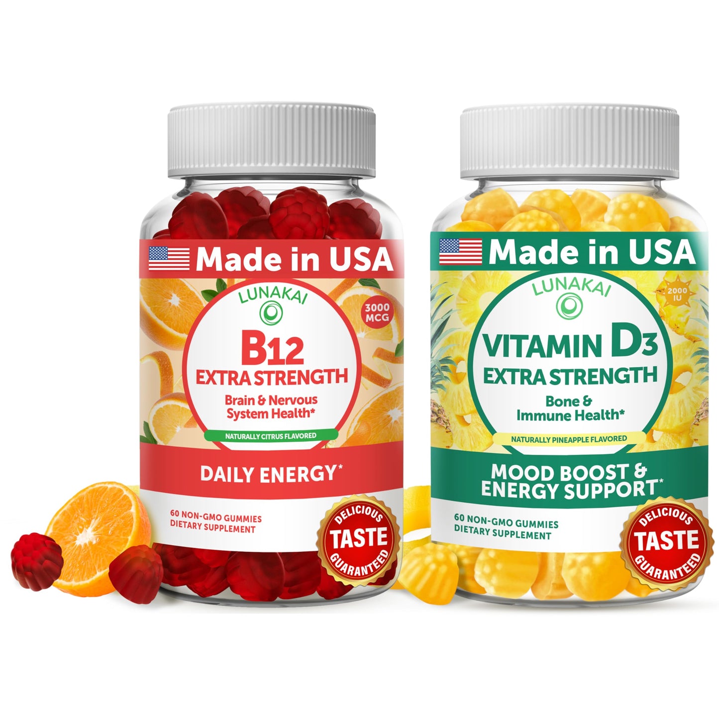 Lunakai Vitamin B12 + D3 Gummies Bundle – 3000 mcg B12, 1000 IU D3 | Gluten Free, Non-GMO