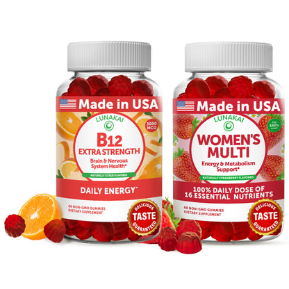 Lunakai Vitamin B12 & Women's Multivitamin Gummies Bundle - 3000mcg Methylcobalamin, 16 Essential Vitamins, 30 Days