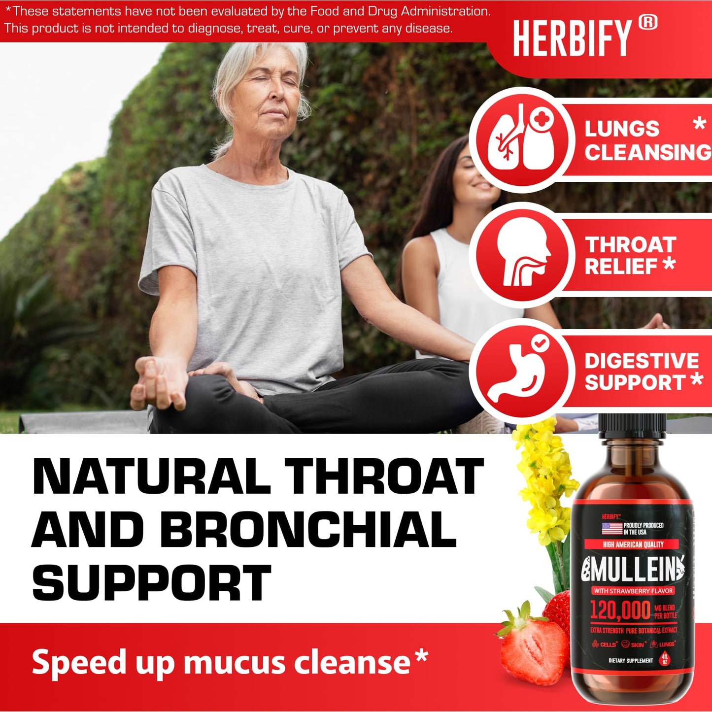 HERBIFY Mullein Drops - Lung Cleanse & Respiratory Support - Strawberry Flavor, 4 oz - Made in USA