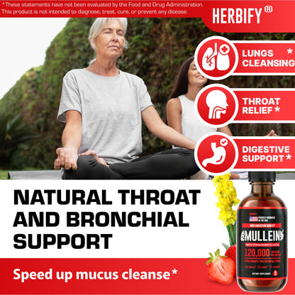 HERBIFY Mullein Drops - Lung Cleanse & Respiratory Support - Strawberry Flavor, 4 oz - Made in USA