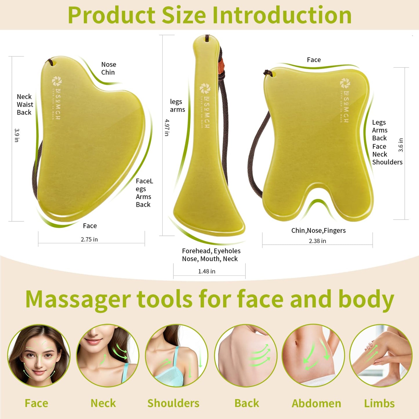 Lusomch 3-Piece Jade Gua Sha Set – Facial Lymphatic Drainage
