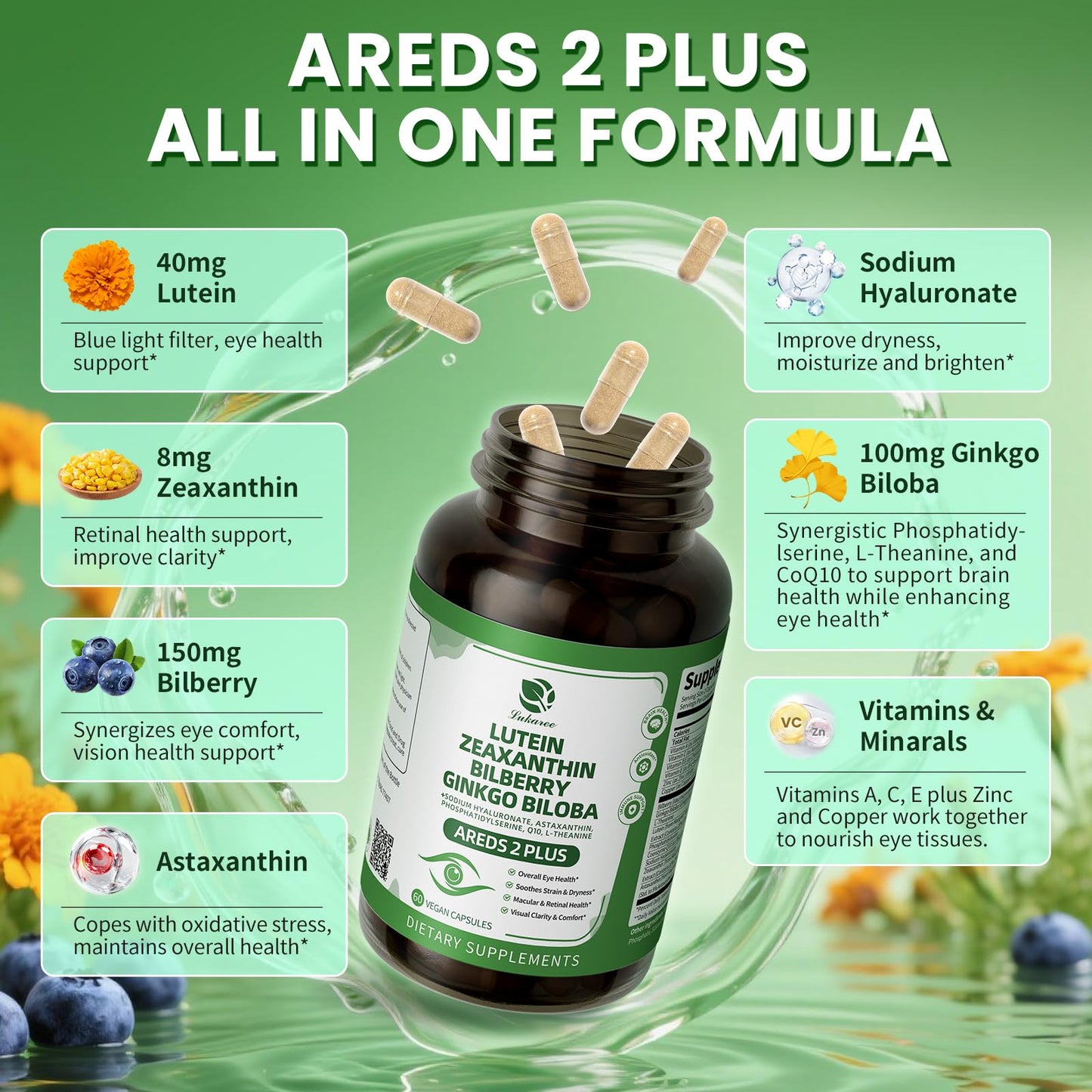 Lutein & Zeaxanthin AREDS 2 Eye Vitamins - Bilberry, Astaxanthin & Ginkgo - 60 Capsules