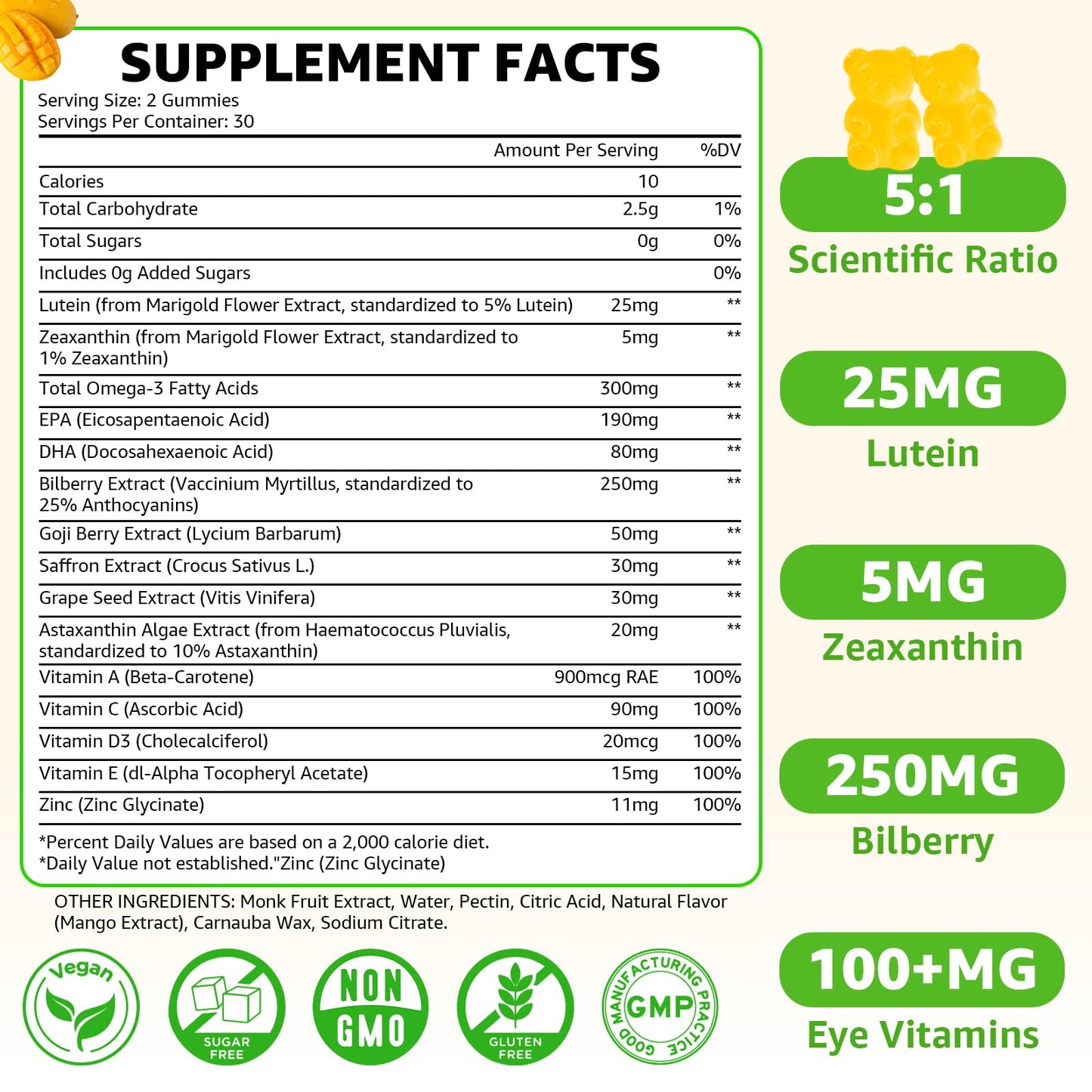 Sugar Free Lutein Gummies 25mg – Eye Health, 60 Count (Vegan)