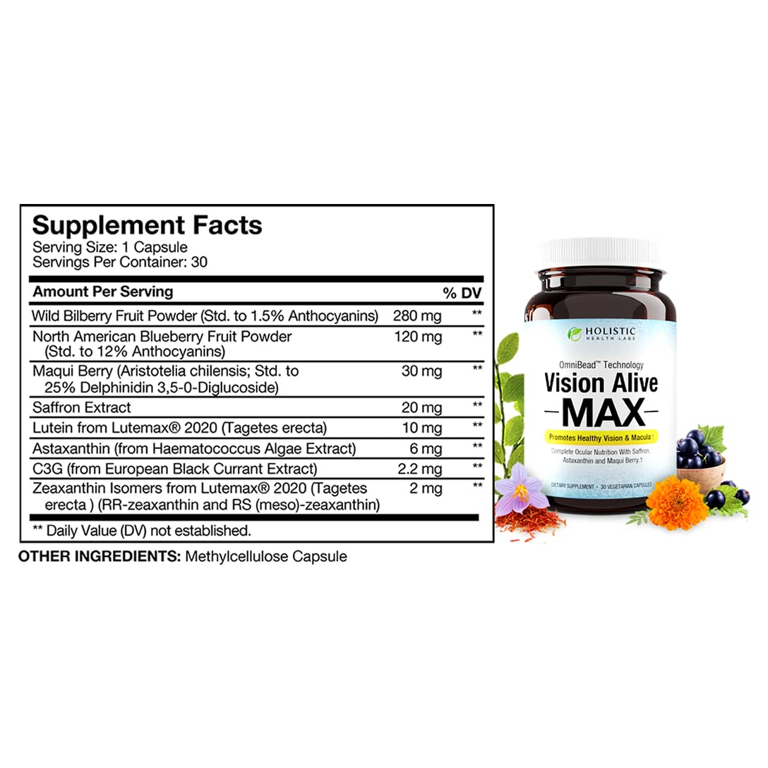 Holistic Health Labs Vision Alive Max – 8 Natural Eye Health Ingredients (Lutemax 2020, Bilberries, Blueberries, C3G from Black Currant, Maqui Berry, Saffron, Astaxanthin) – Pack of 3