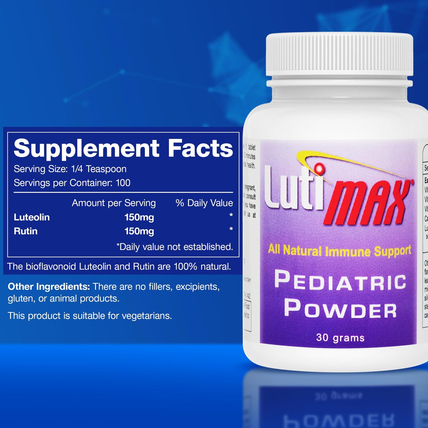 Lutimax Pediatric Powder Brain Supplement with Luteolin & Rutin - Kids Memory, Focus, Muscle & Immune Support Brain Supplements - Nootropic Antioxidants - 100 Servings