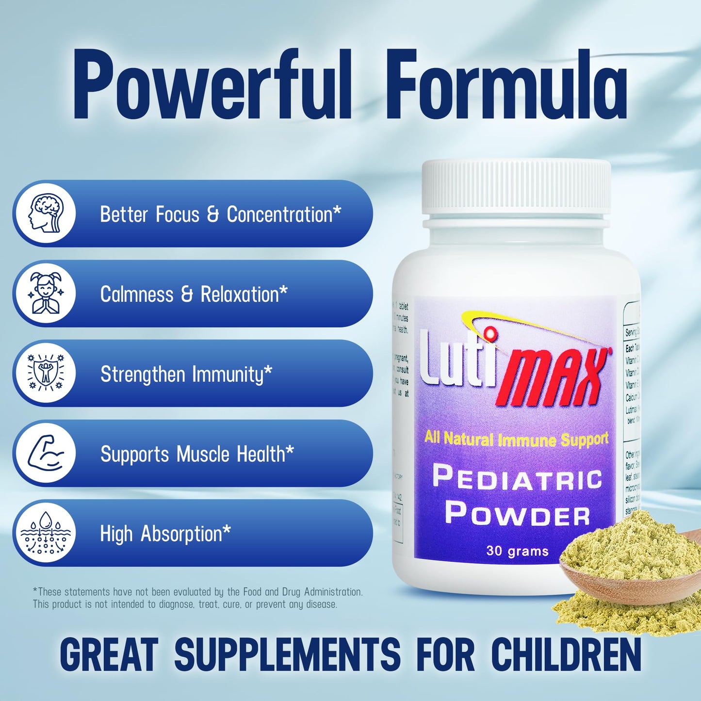 Lutimax Pediatric Powder Brain Supplement with Luteolin & Rutin - Kids Memory, Focus, Muscle & Immune Support Brain Supplements - Nootropic Antioxidants - 100 Servings